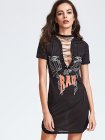 Black Letter Print Deep V Neck Lace Up Dress