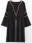 Black Embroidery V Neck Tassel Tie Dress