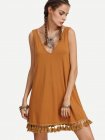 Brown V Neck Tassel Hem Sleeveless Dress