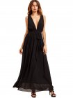 Black Deep V Neck Self-tie Waist Maxi Dress