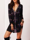 Black Long Sleeve V Neck Vintage Print Dress