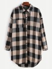 Check Plaid Drop Shoulder Curved Hem Shirt Dress