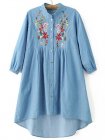 Blue Flower Embroidery High Low Denim Dress With Buttons