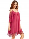 Hot Pink Open Shoulder Crochet Lace Sleeve Tassel Dress