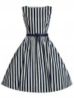 Blue Vertical Striped Flare Dress With Belt