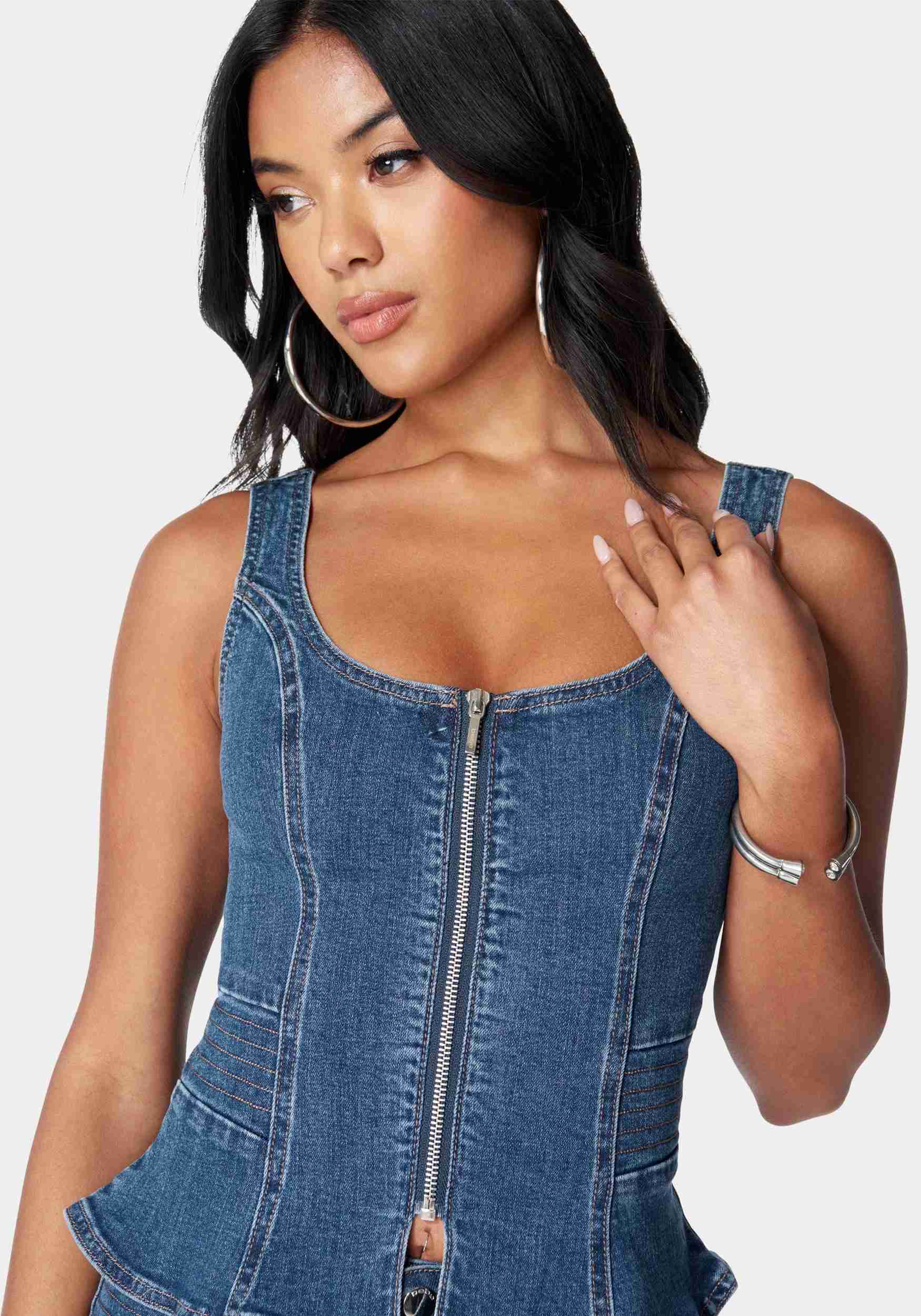 Zip Front Peplum Denim Top