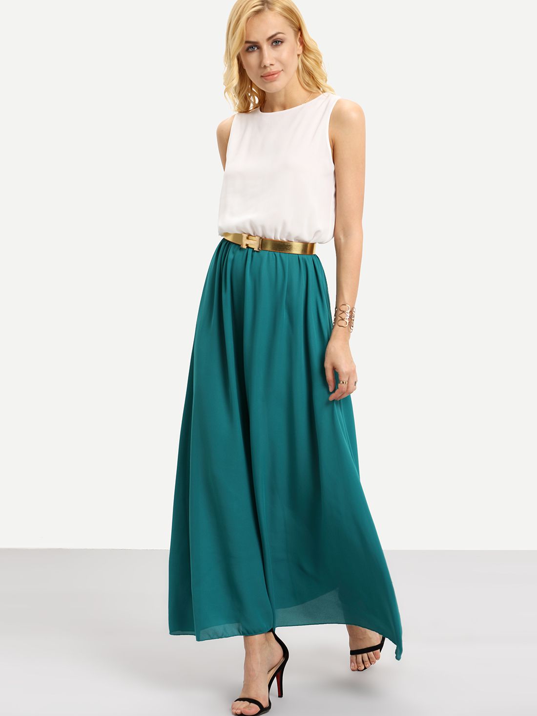 Color-block With Belt Chiffon Maxi Dress