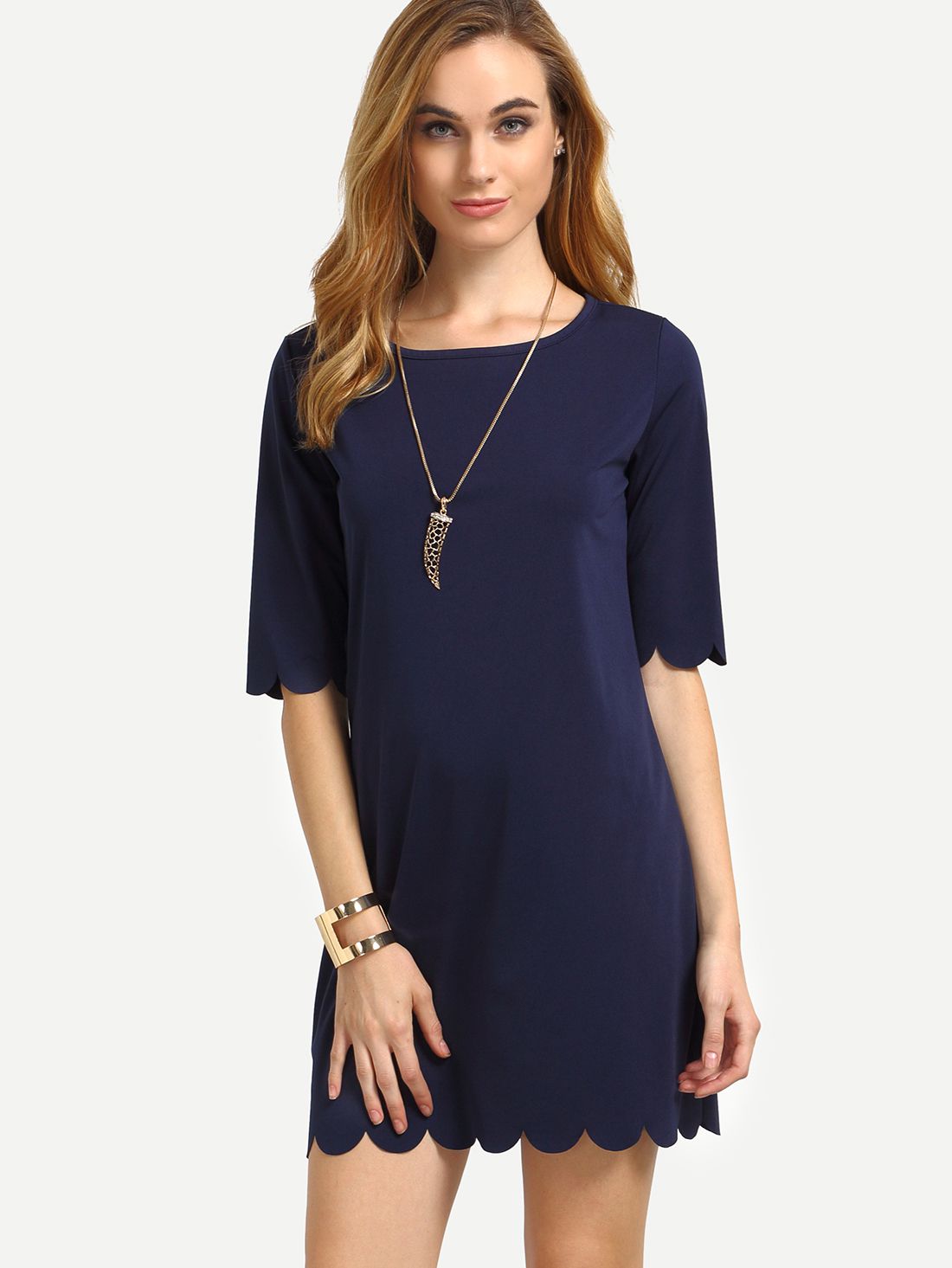 Navy Scalloped Hem Shift Dress