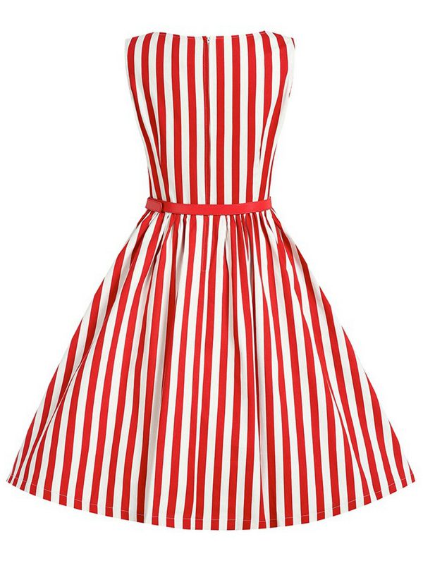 Red Vertical Striped Flare Dress With Belt