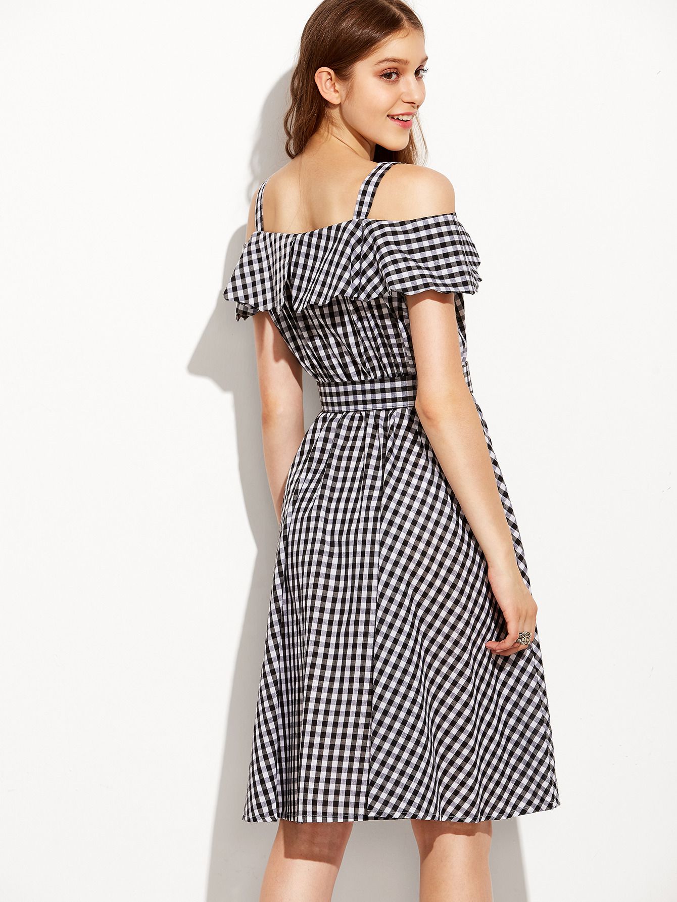 Black Checkerboard Fold Over Cold Shoulder Dress