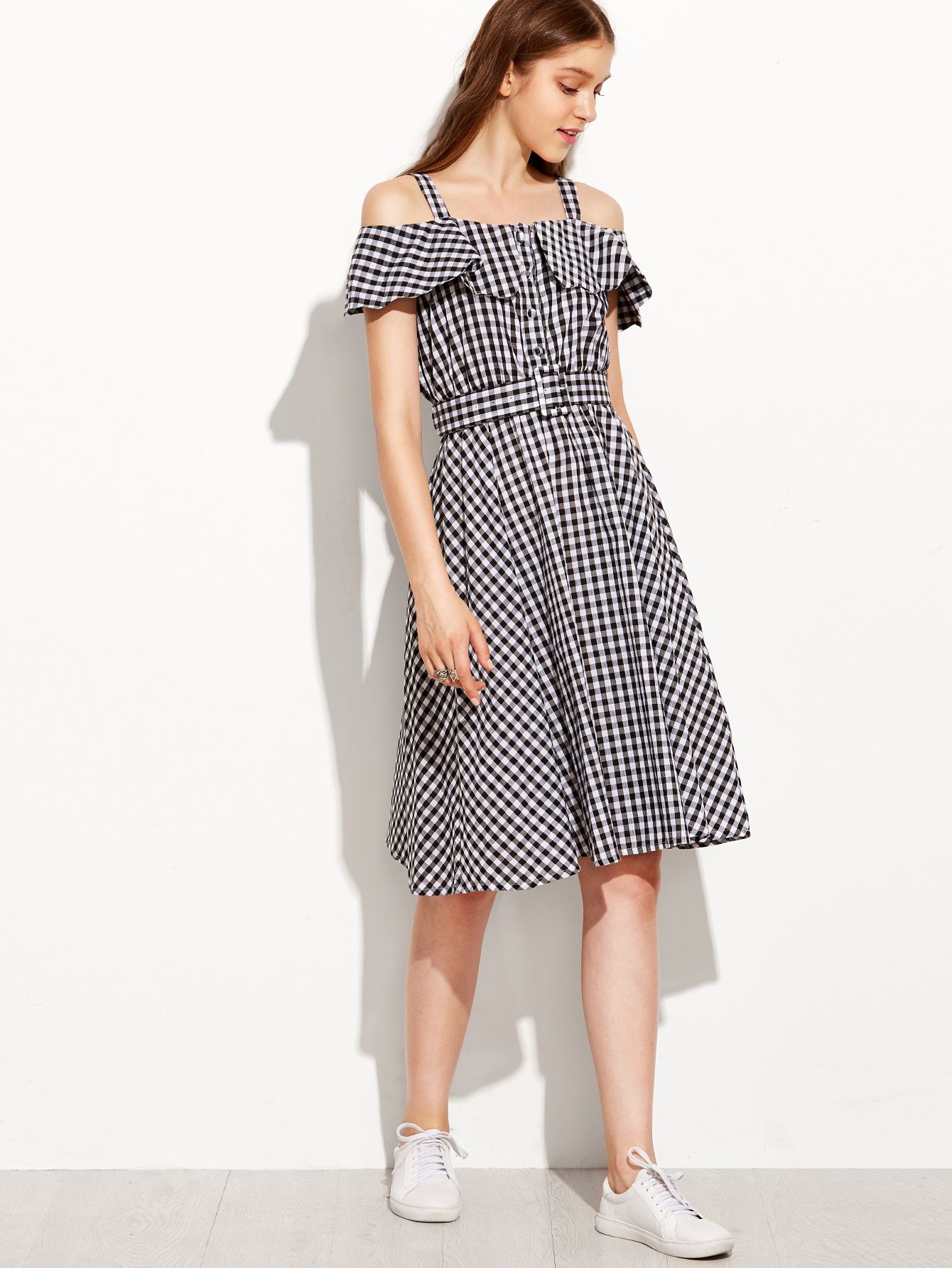 Black Checkerboard Fold Over Cold Shoulder Dress