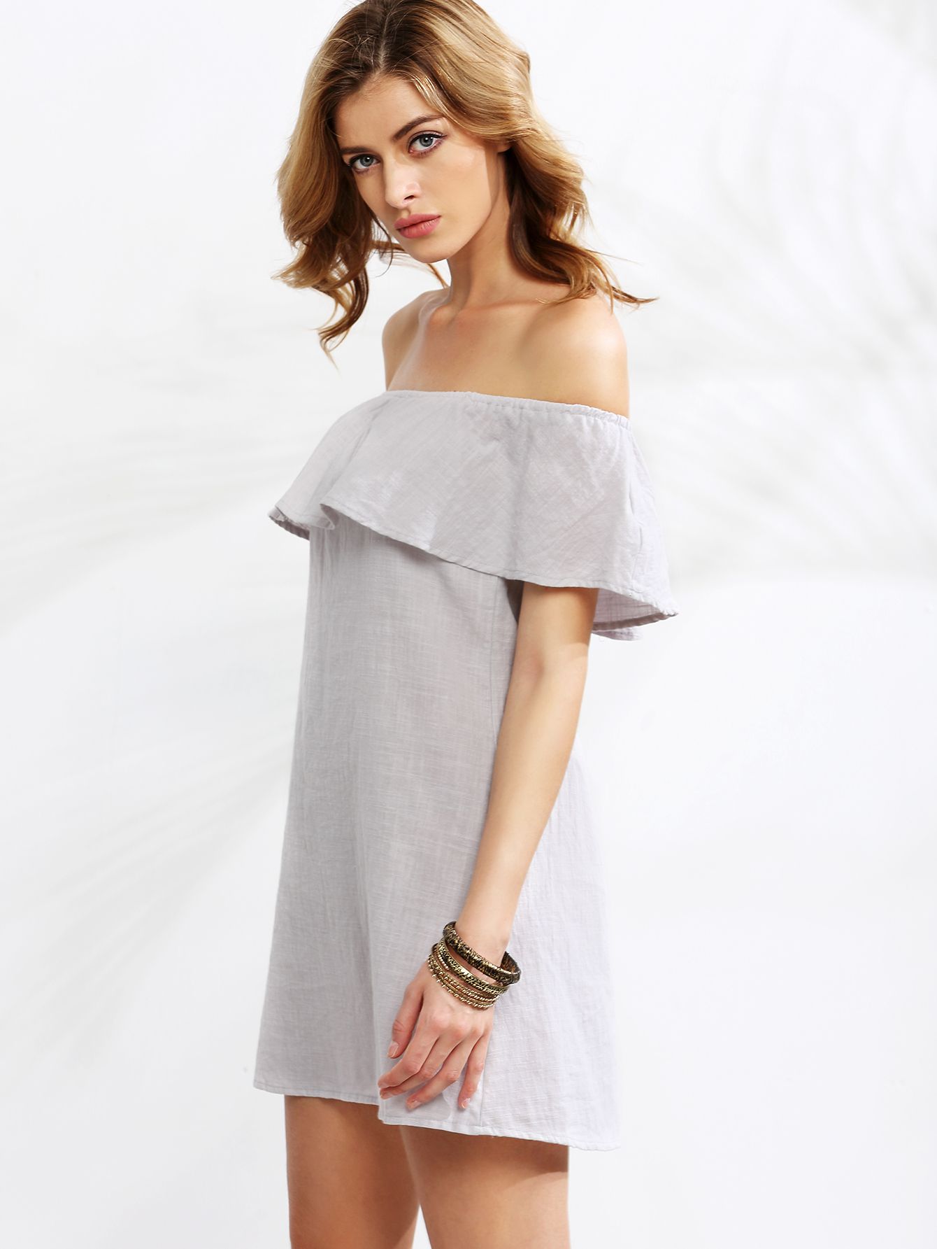 Grey Ruffle Off The Shoulder Dress