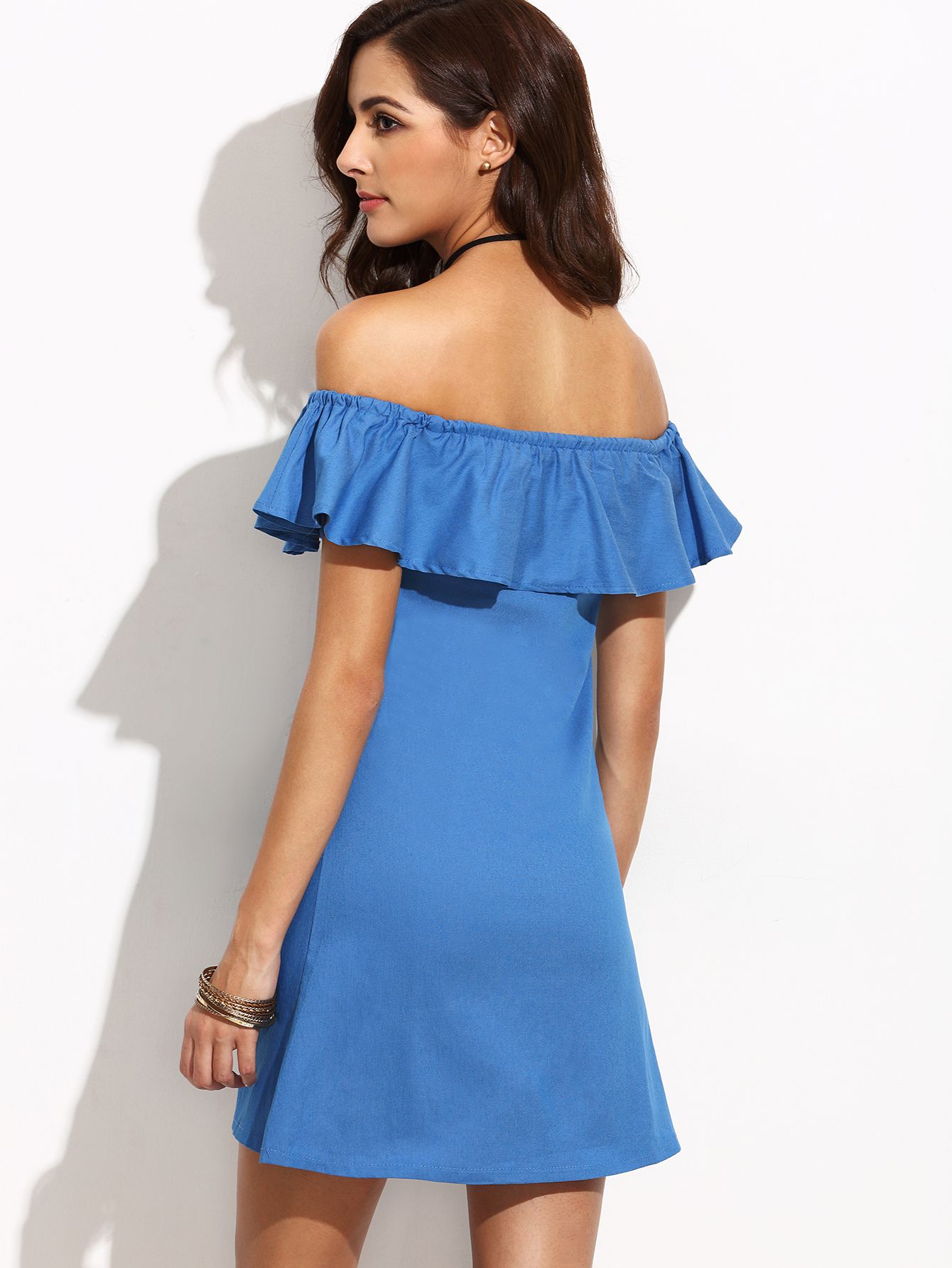 Blue Ruffle Off The Shoulder Denim Dress