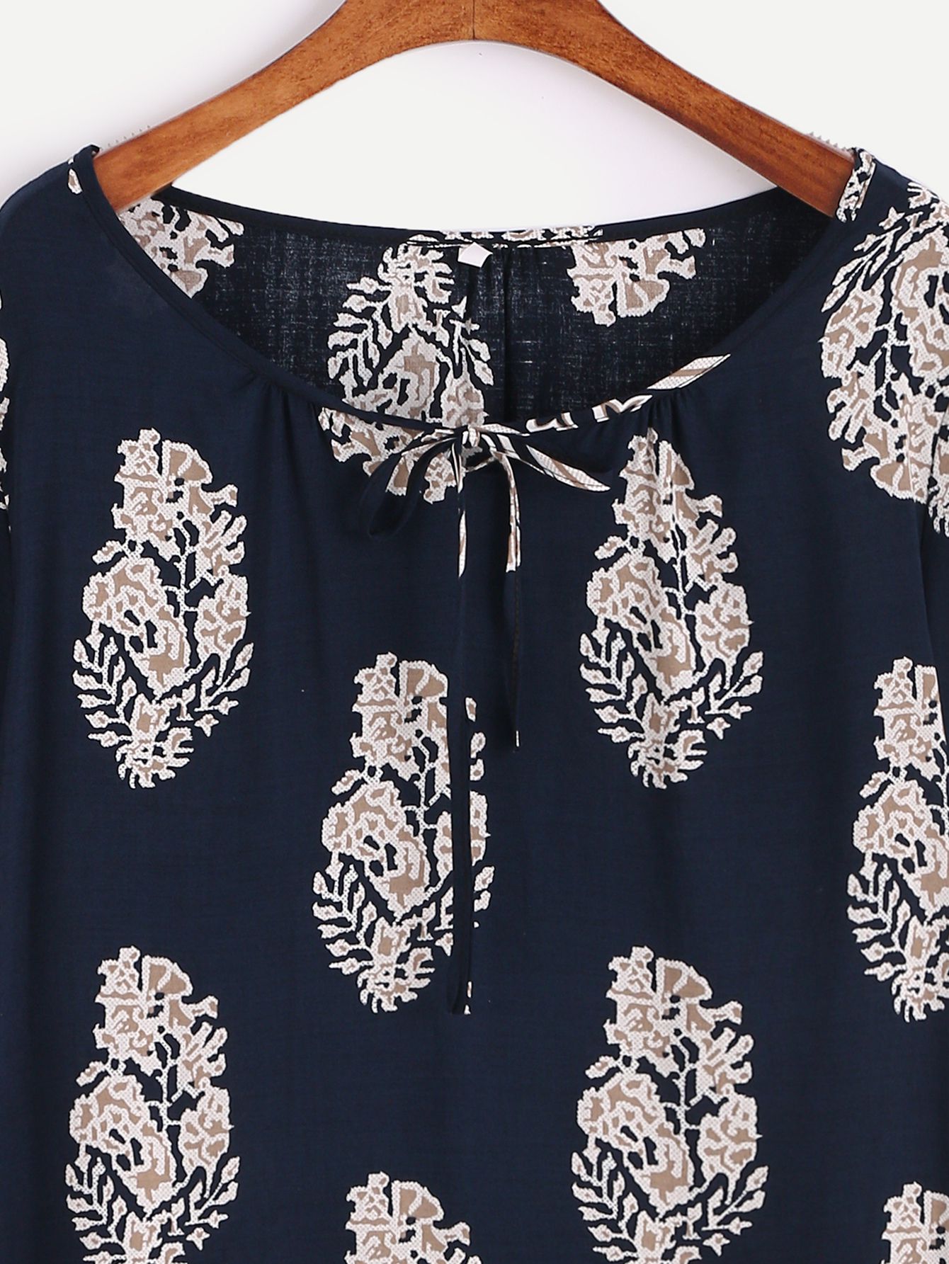 Navy Tribal Print Tie Neck Tunic Dress