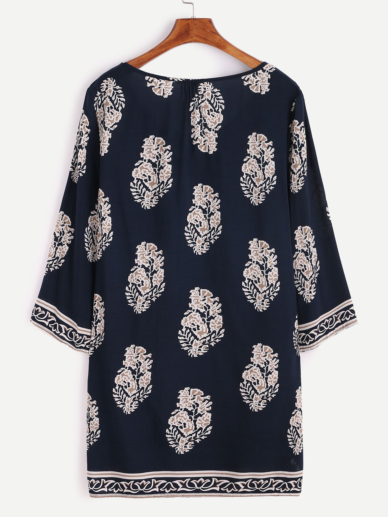 Navy Tribal Print Tie Neck Tunic Dress