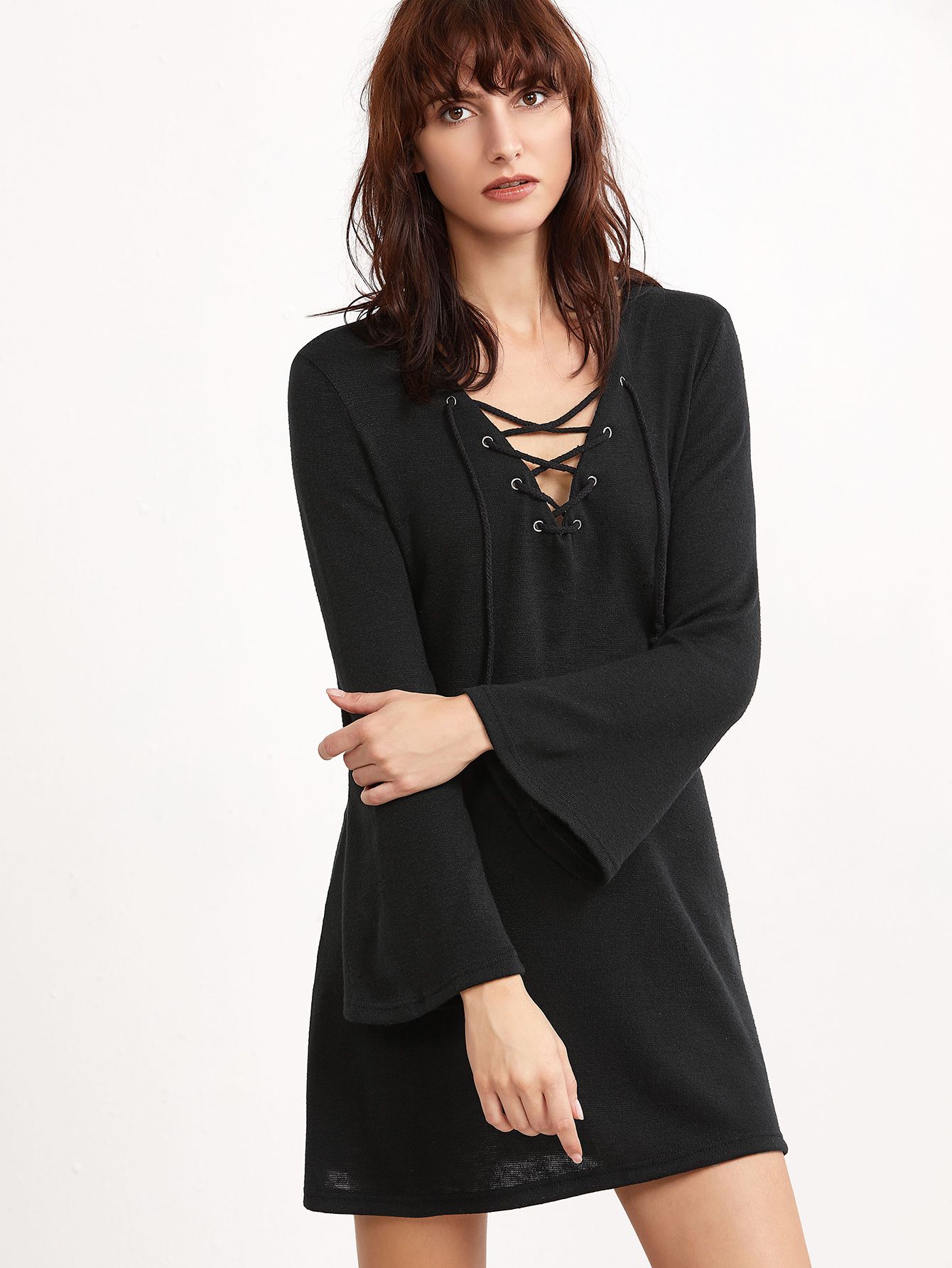 Deep V Neck Bell Sleeve Lace Up Front Dress