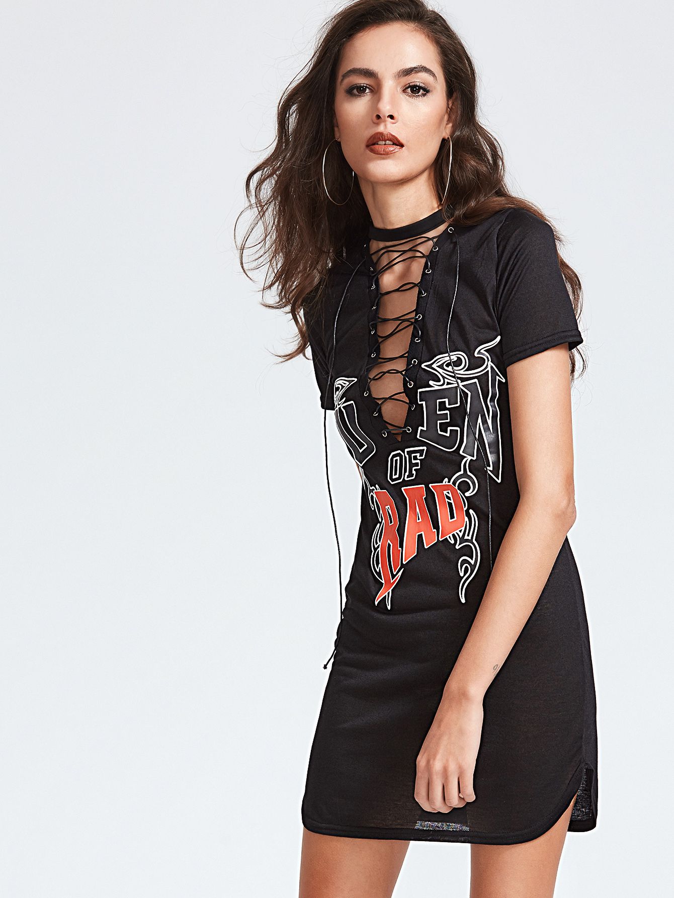 Black Letter Print Deep V Neck Lace Up Dress