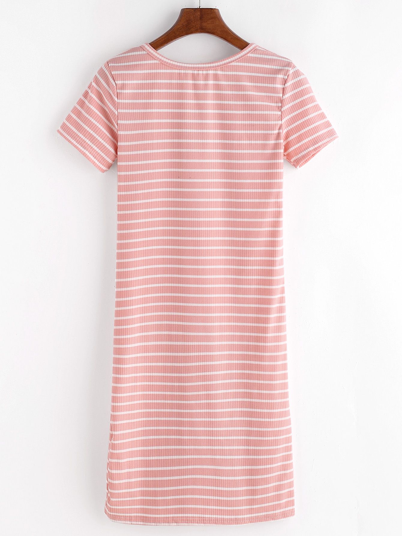 Pink Striped Button Front Knitted T-shirt Dress