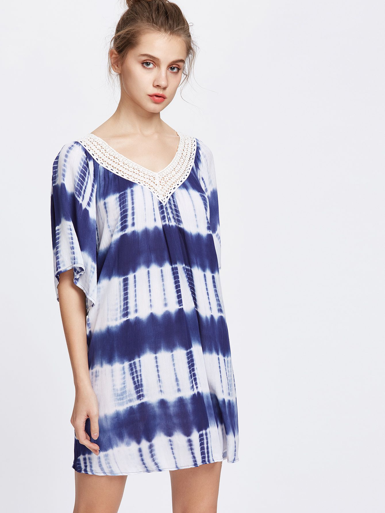 Tie Dye V Neck Contrast Lace Dress