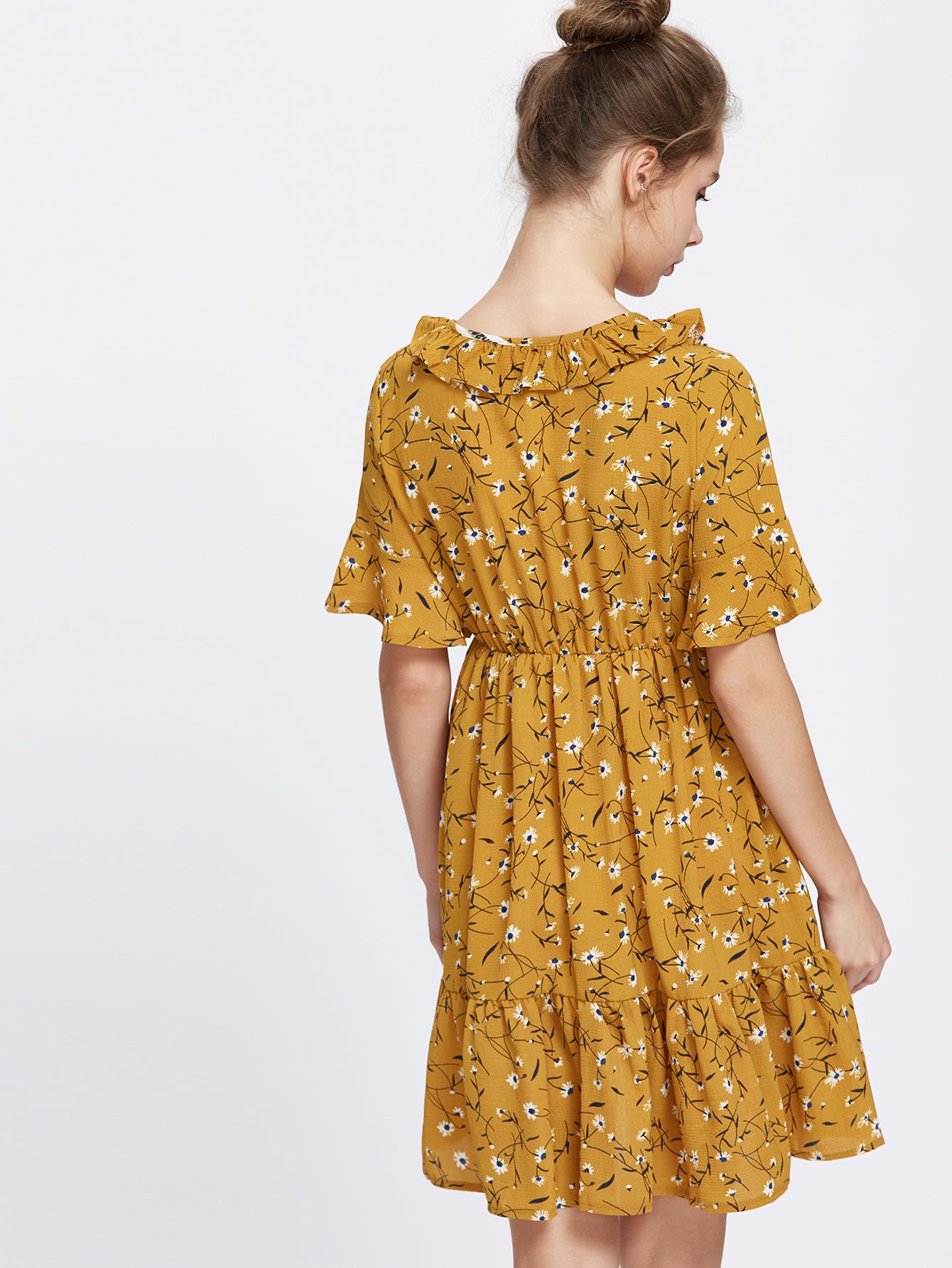 Yellow Floral Print Bell Sleeve Frill Hem Dress