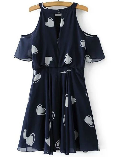 Navy Heart Print Open Shoulder Ruffle Trim Dress