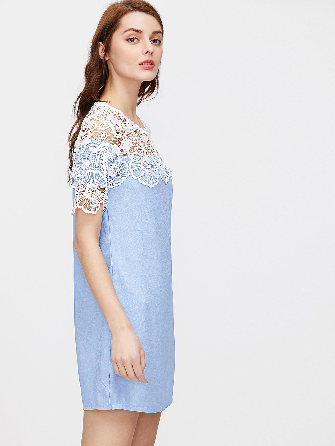 Blue Crochet Lace Trim Shift Dress