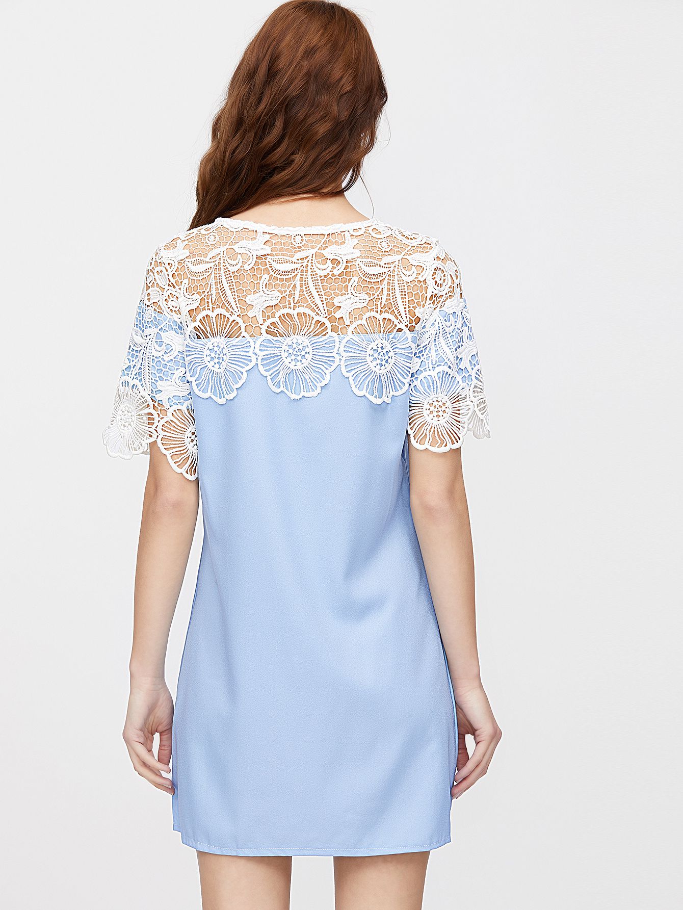 Blue Crochet Lace Trim Shift Dress