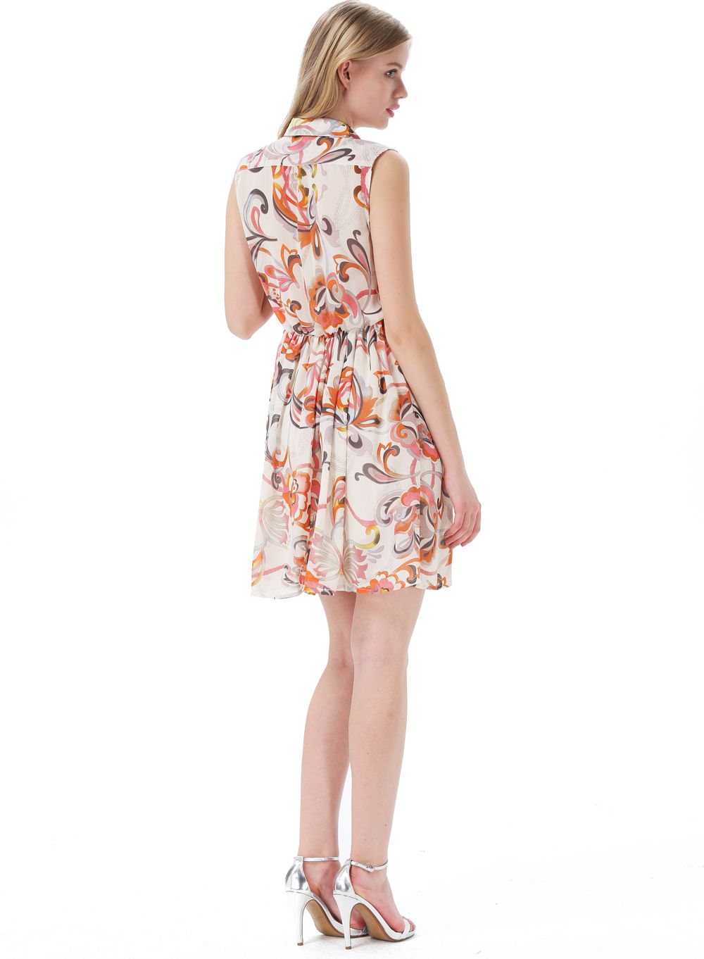 Multicolor Foam Sleeveless Floral Belt Chiffon Dress