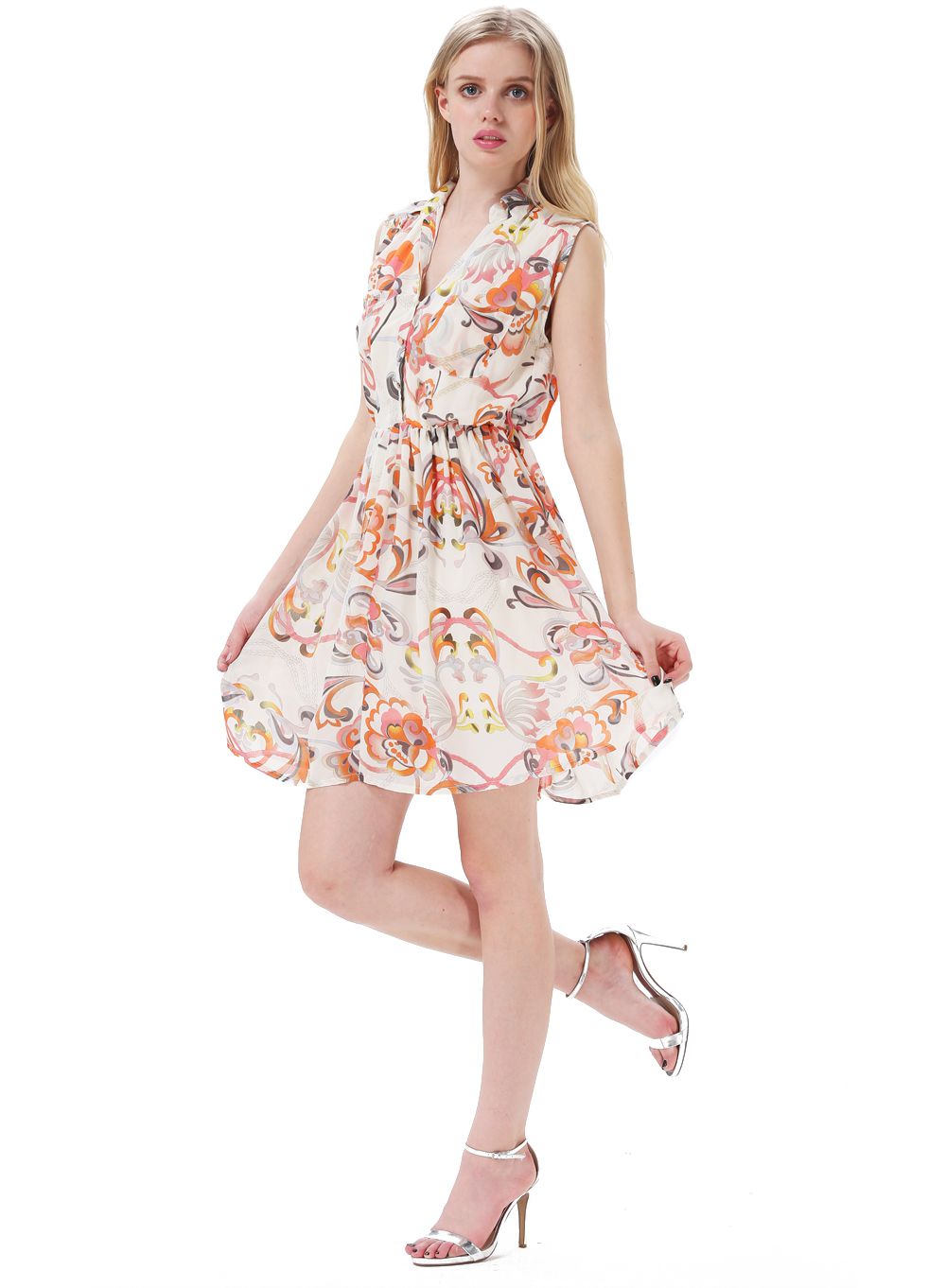 Multicolor Foam Sleeveless Floral Belt Chiffon Dress