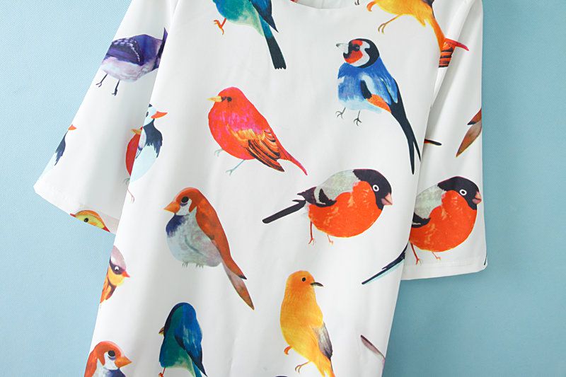 White Half Sleeve Birds pattern Random Loose Dress