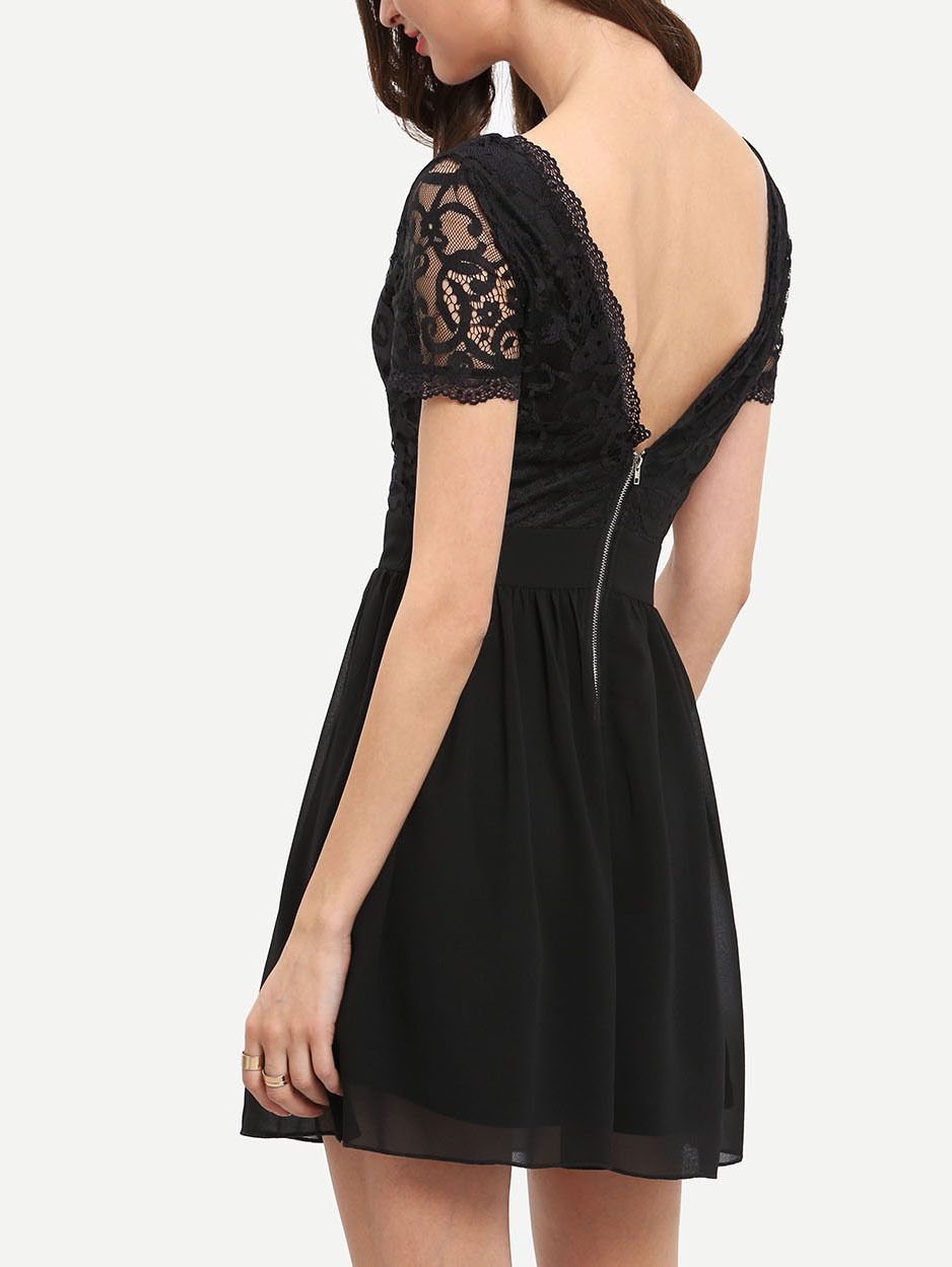 Deep V Neck Lace Pleated Dress