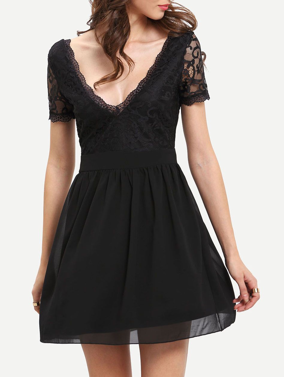 Deep V Neck Lace Pleated Dress