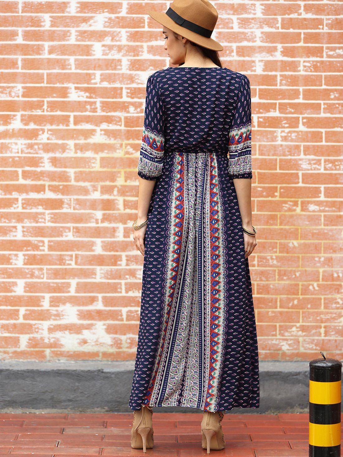 Navy Half Sleeve Vintage Print Split Maxi Dress