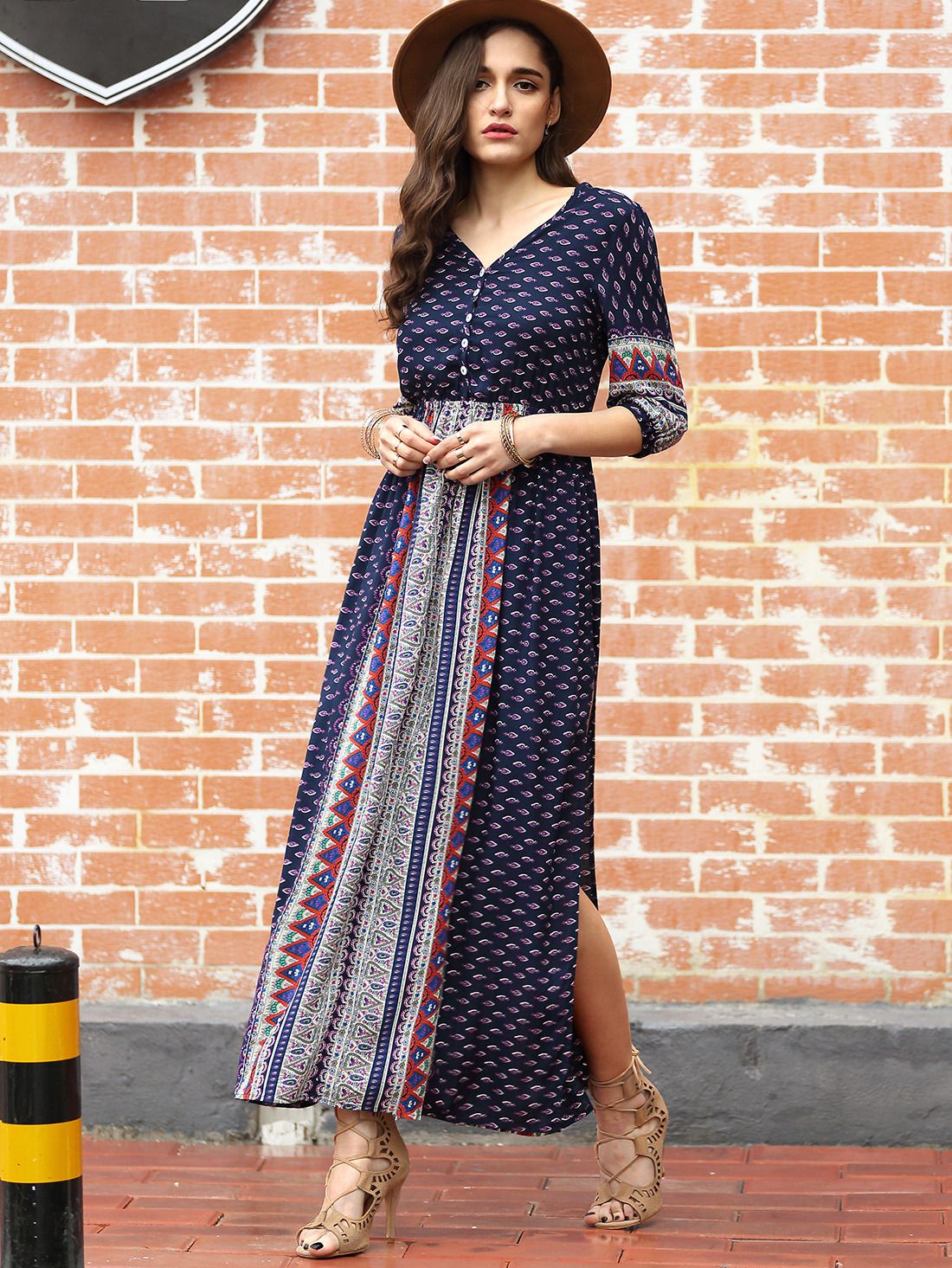 Navy Half Sleeve Vintage Print Split Maxi Dress