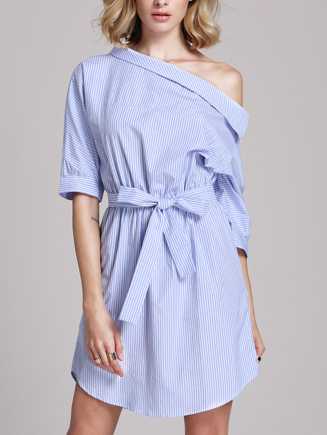 Blue Half Sleeve Off The Shoulder Striped Dress