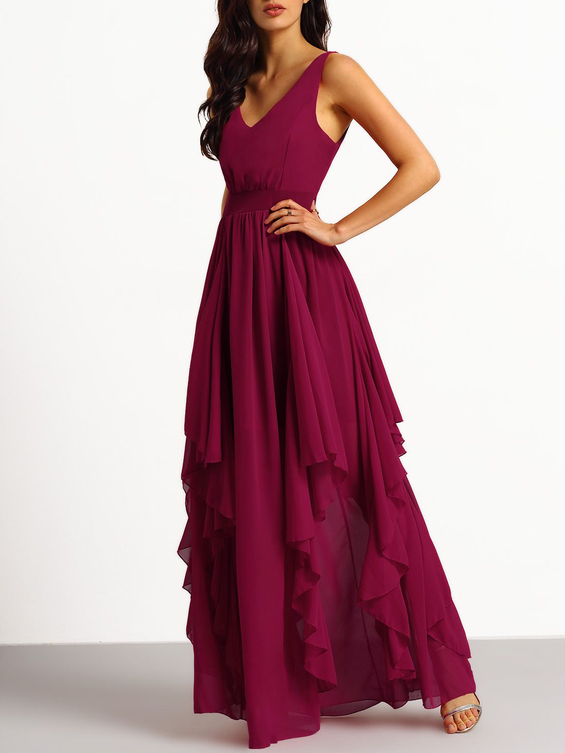 Burgundy Deep V Neck Maxi Chiffon Dress