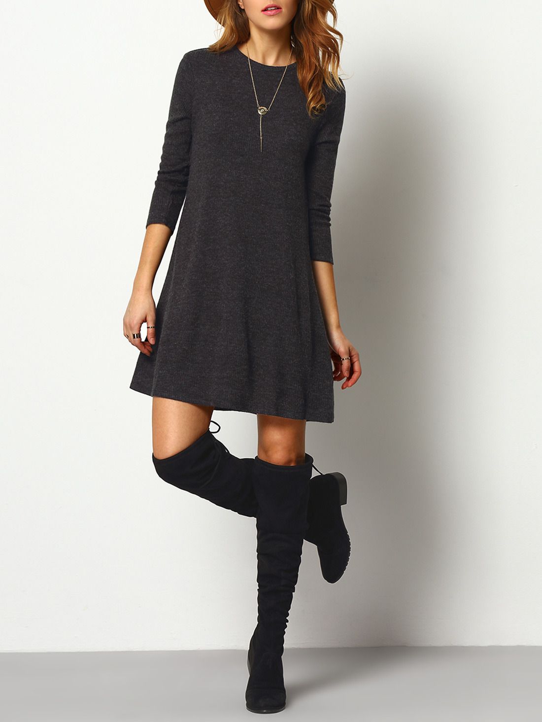 Dark Grey Crew Neck Casual Sweater Dress