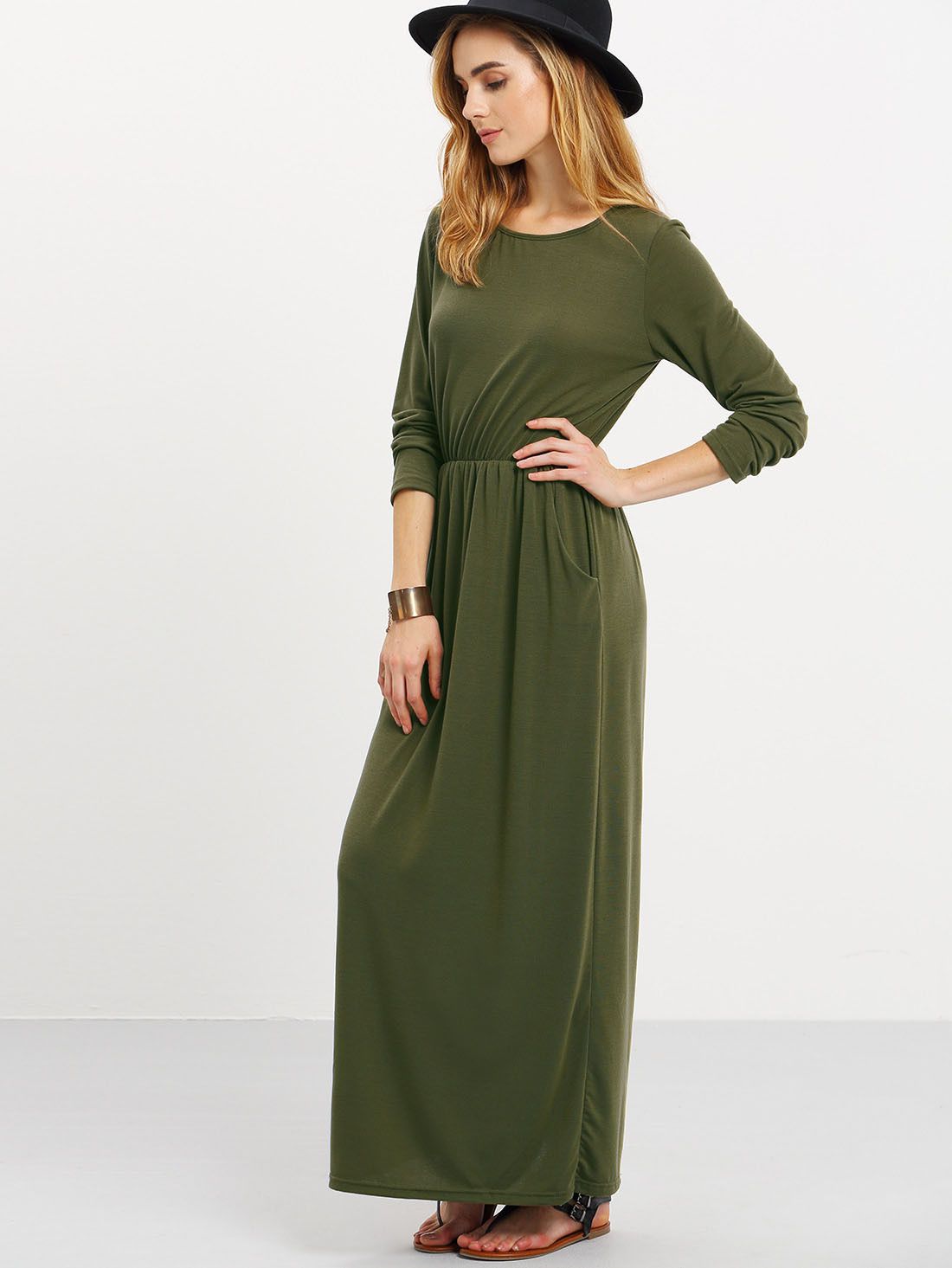 Army Green Long Sleeve Pockets Maxi Dress