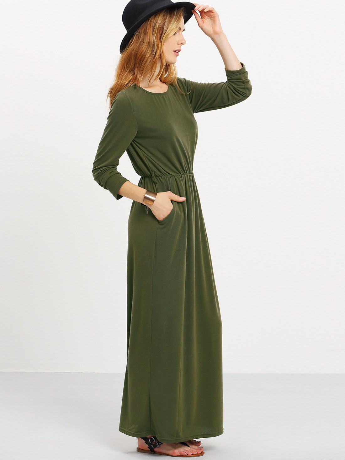 Army Green Long Sleeve Pockets Maxi Dress