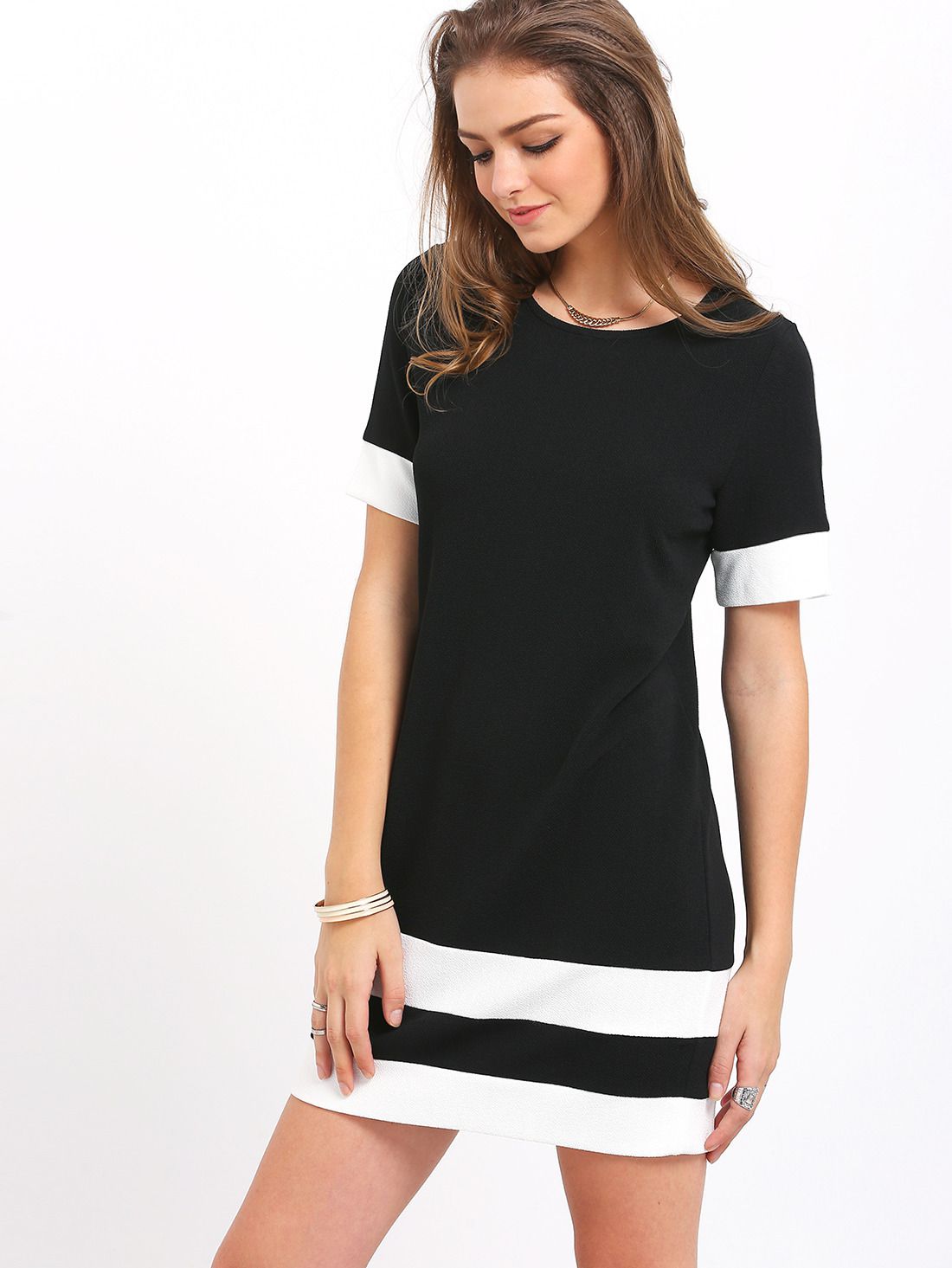 Black White Patchwork Short Sleeve Shift Dress