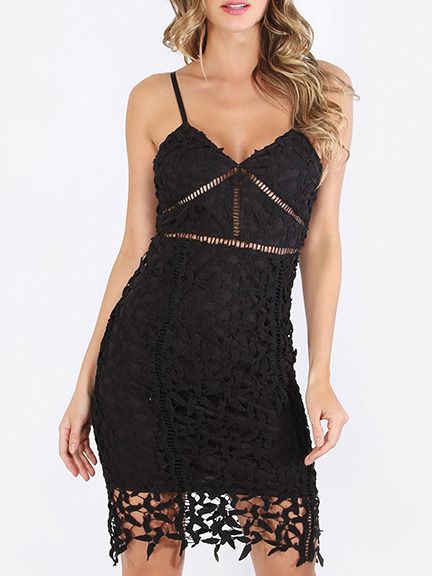 Black Spaghetti Strap Crochet Lace Sheath Dress