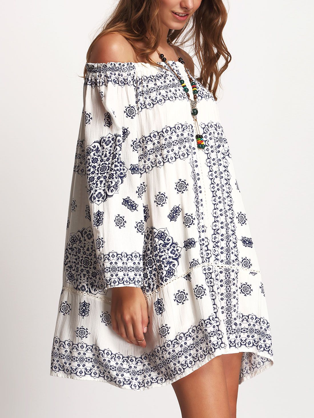 Blue Print Off Shoulder Crochet Insert Dress