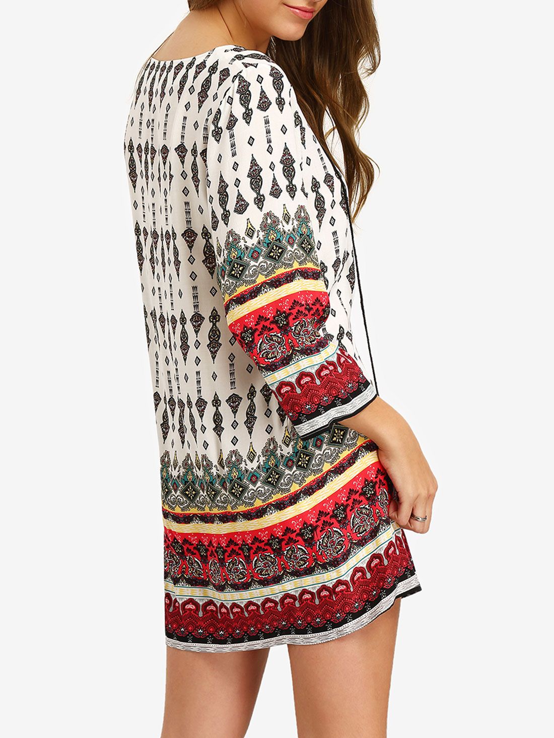 Multicolor Split Tie Neck Tribal Print Dress