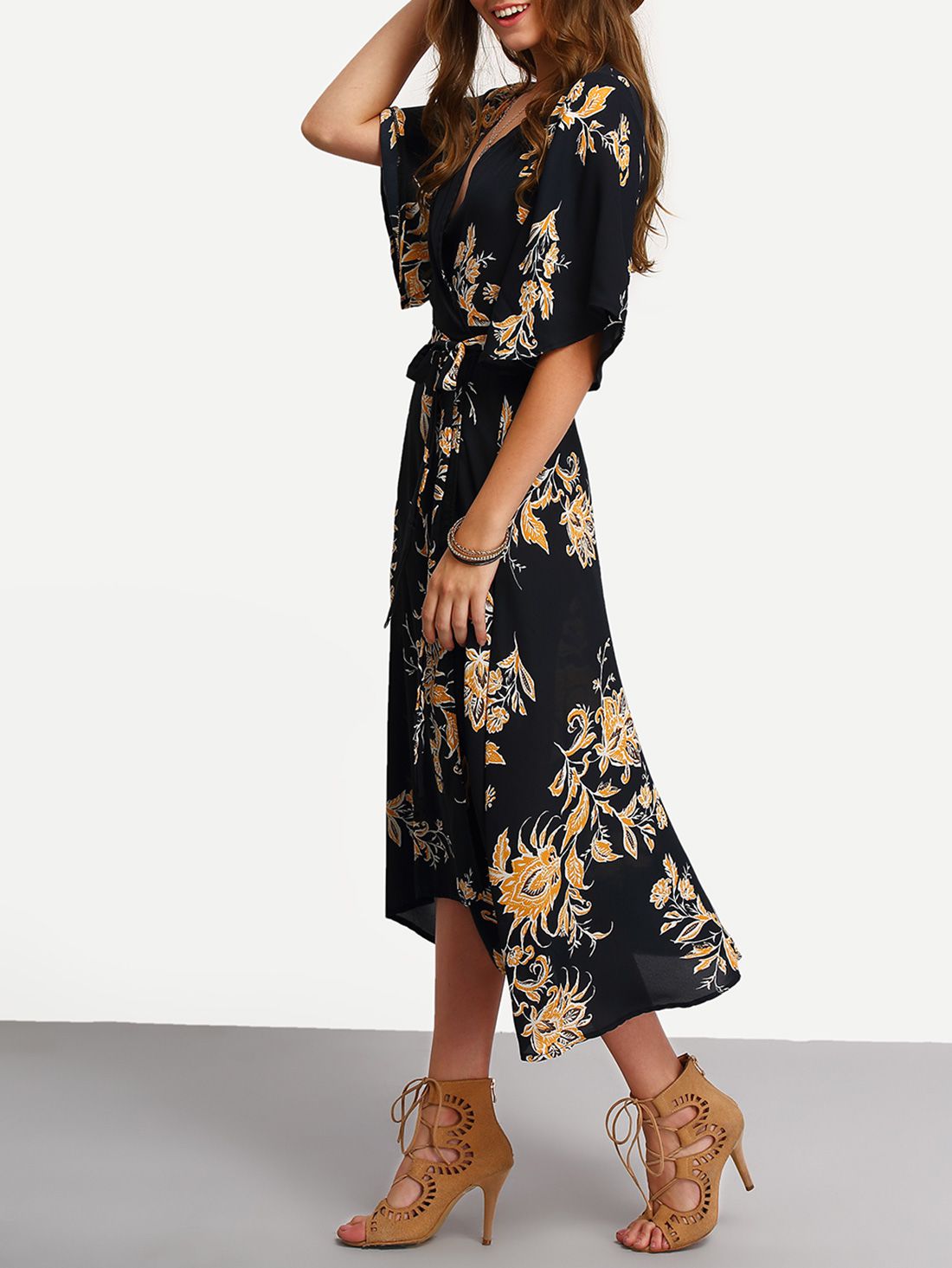 V Neck Florals Wrap Dress