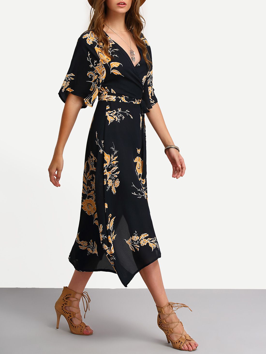 V Neck Florals Wrap Dress