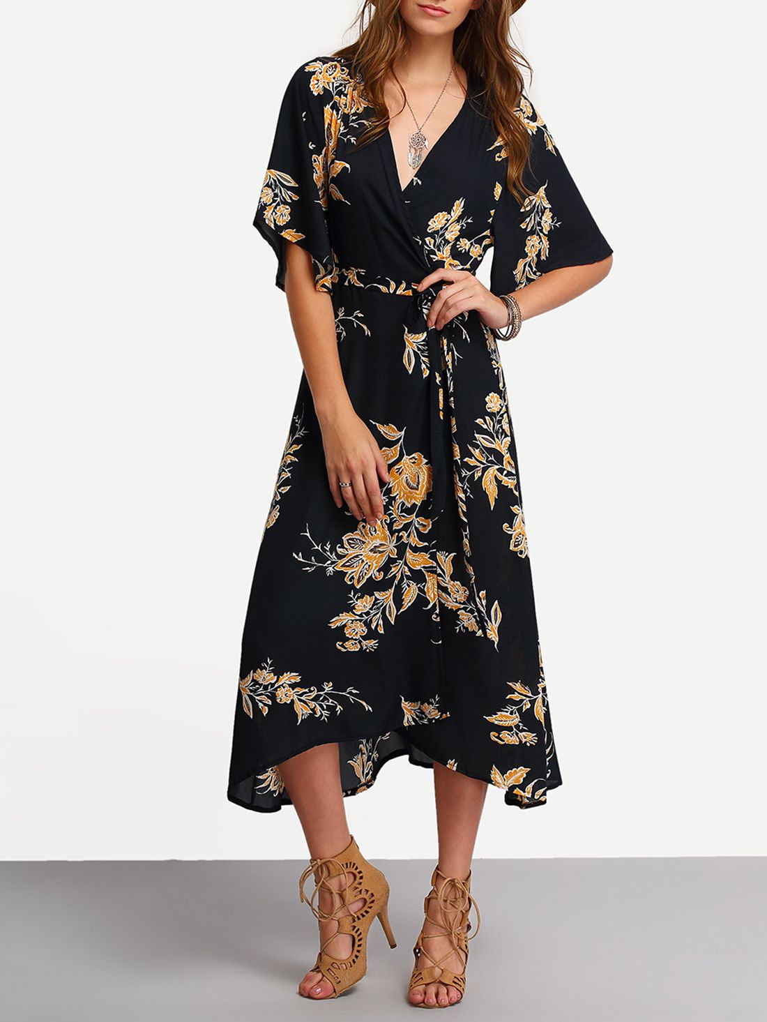 V Neck Florals Wrap Dress