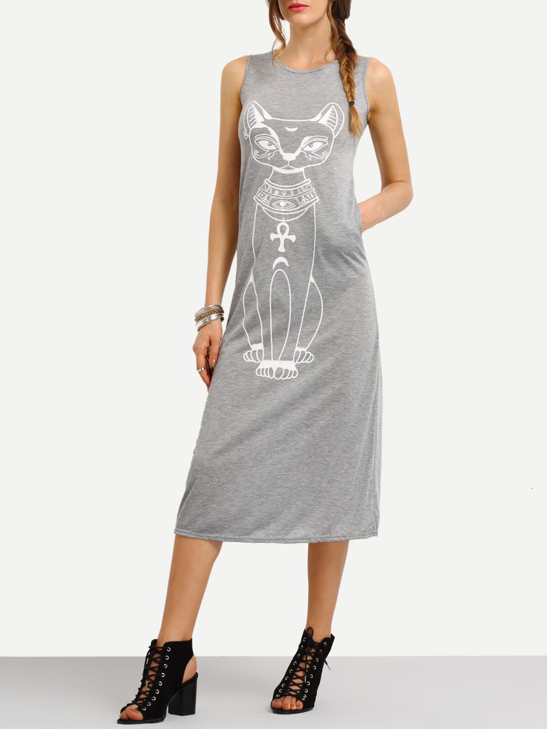 Grey Sleeveless Cat Print Slim Dress