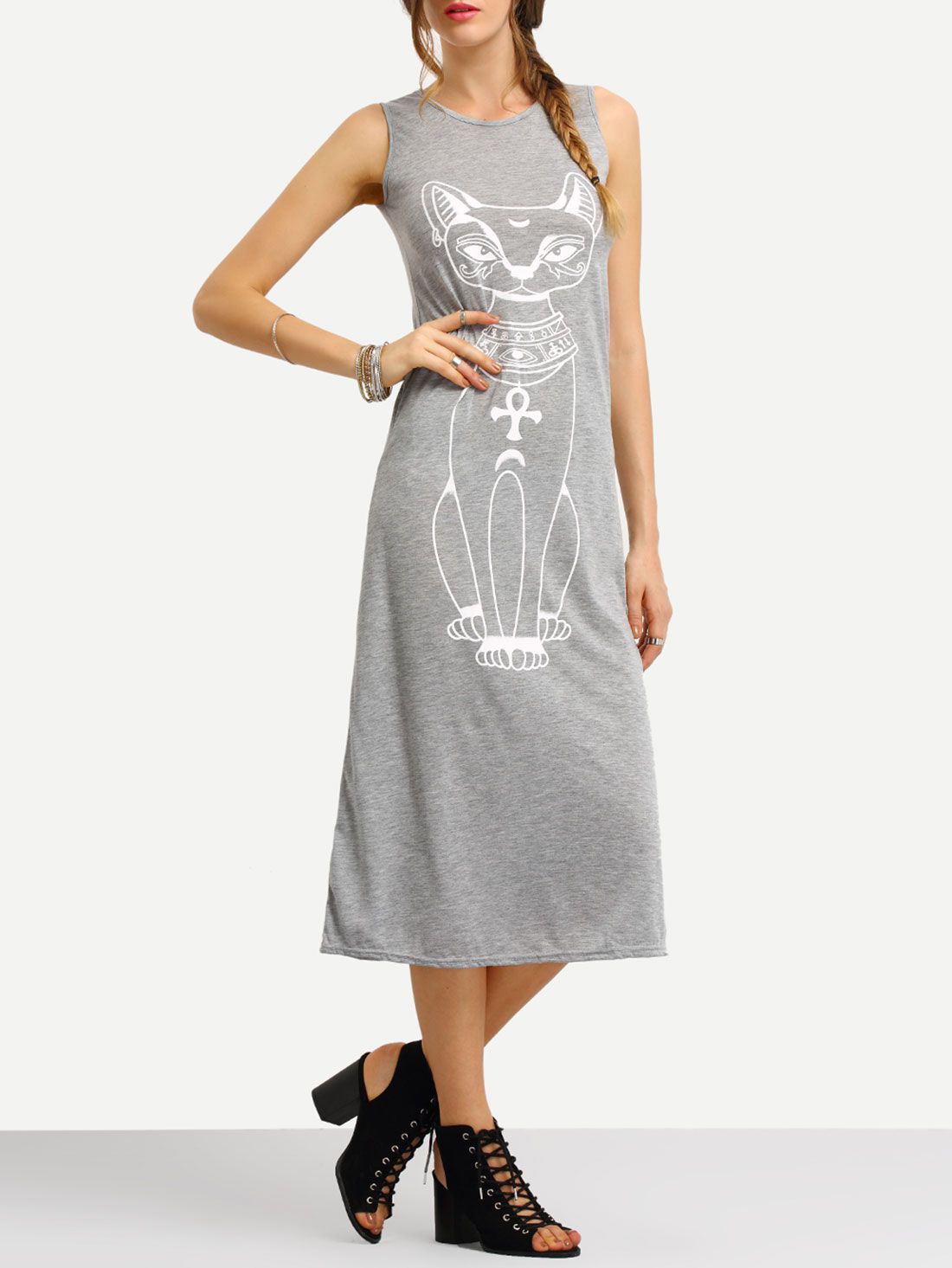 Grey Sleeveless Cat Print Slim Dress