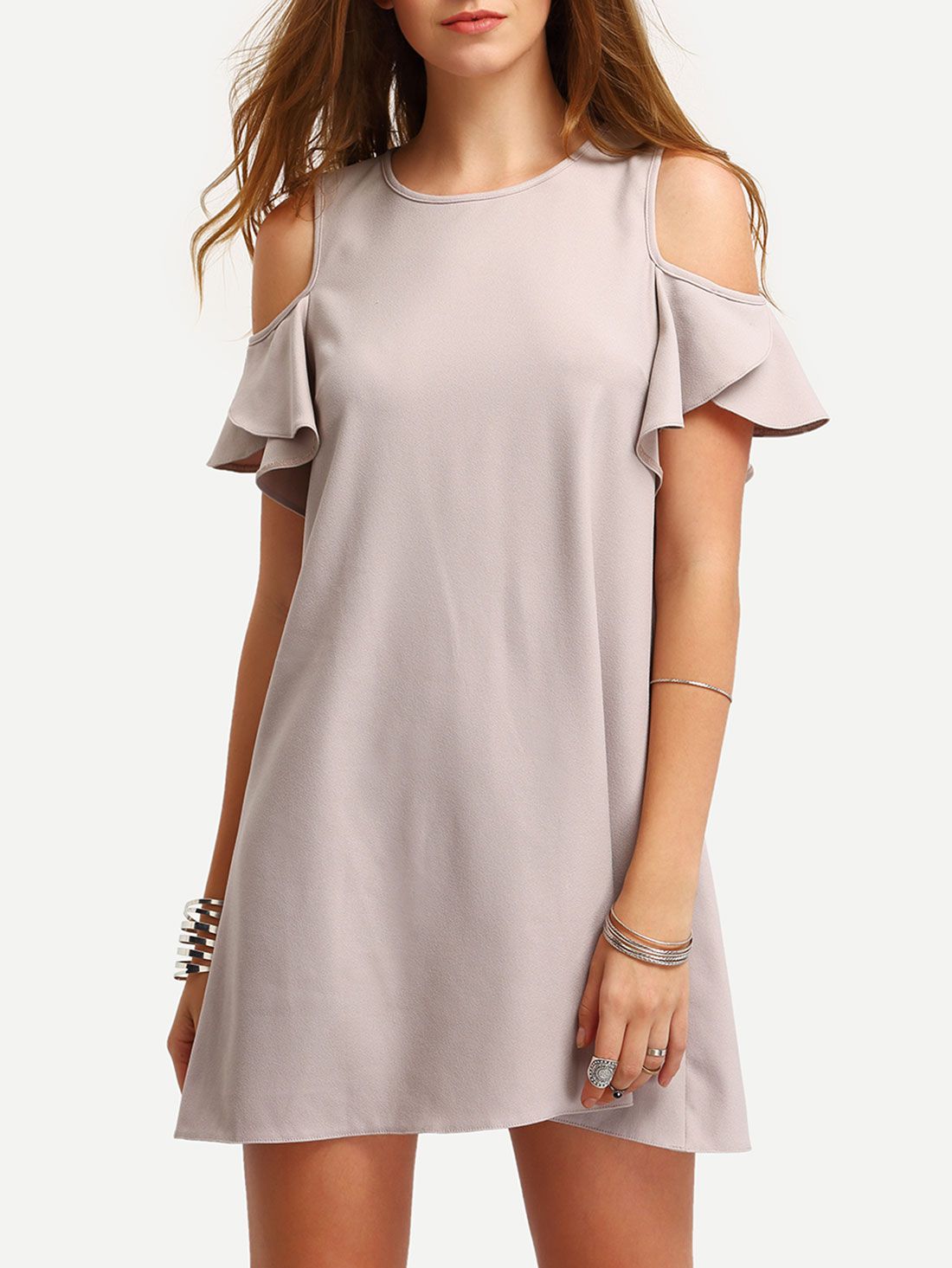 Nude Cold Shoulder Ruffle Sleeves Shift Dress