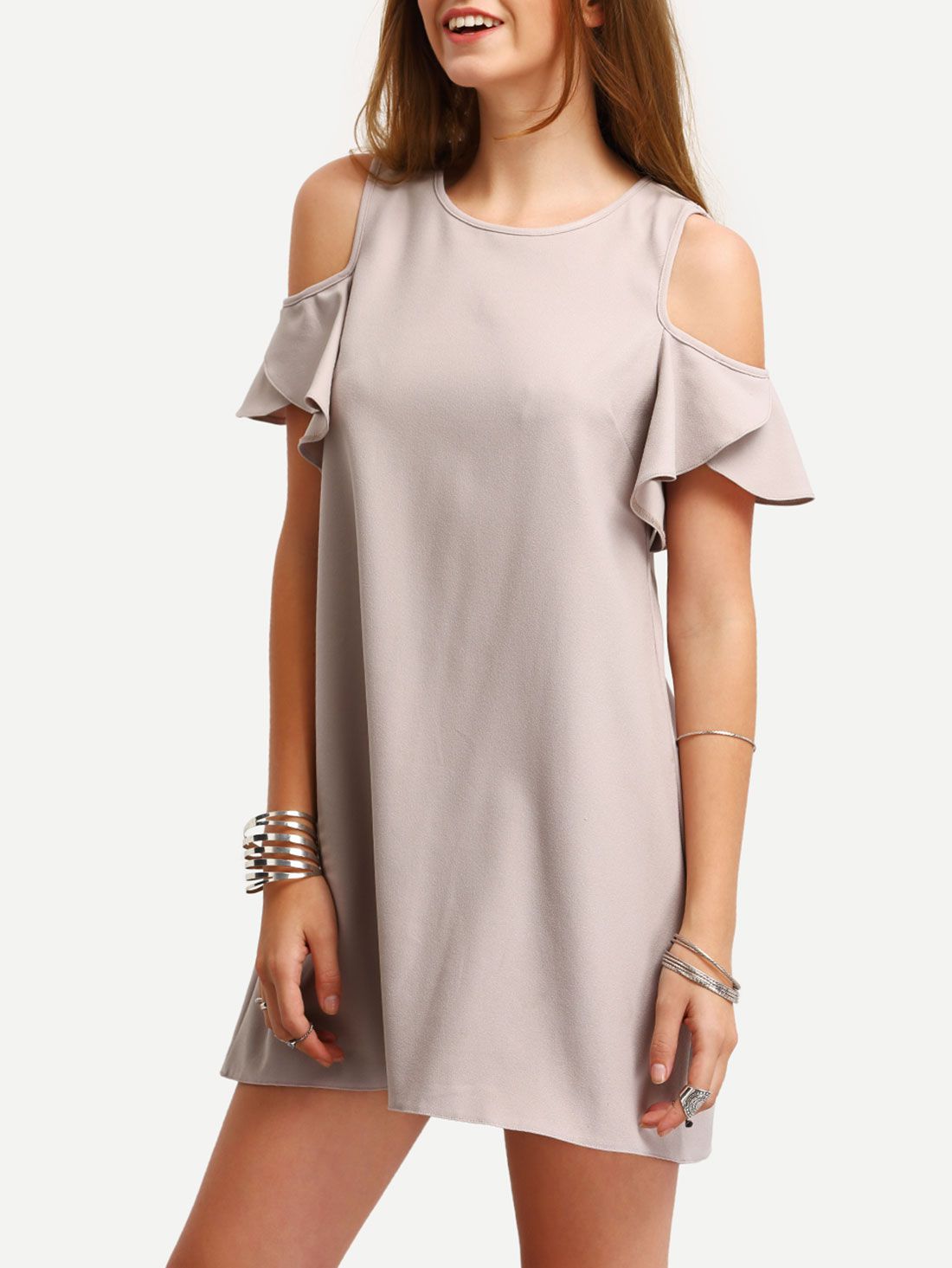 Nude Cold Shoulder Ruffle Sleeves Shift Dress